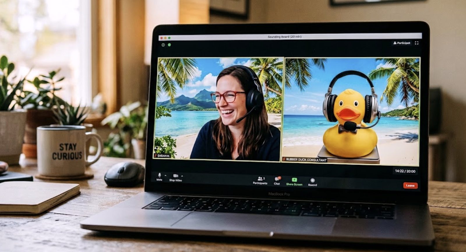 A video call: a woman in a headset laughing, and a rubber duck in headphones labelled Rubber Duck Consultant.